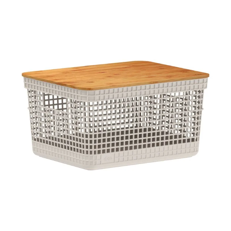 Cesta grid con tapa de bambú 8 lts beige 29x23x19.2 cm