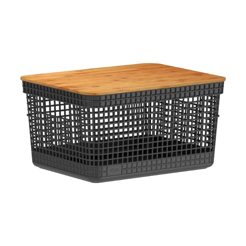 Cesta grid con tapa de bambú 8 lts negro 29x23x19.2 cm