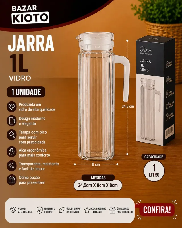 Jarra 1l Vidro 24,5cm X 8cm X 8cm