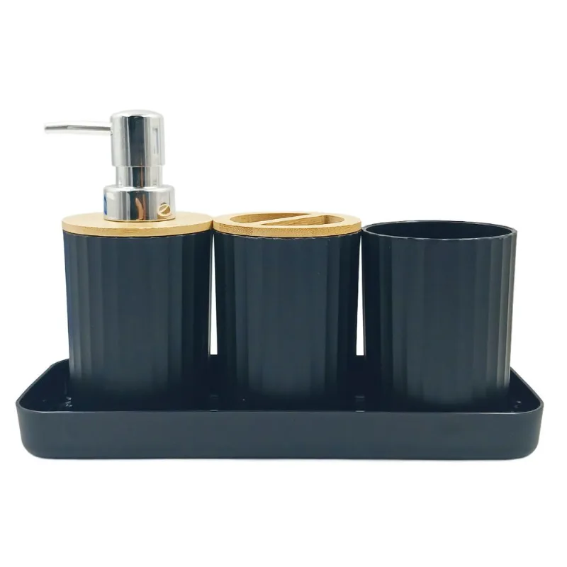 Kit Banheiro C/ Tampa Bambu 4 Peças em Plástico FlashGoods