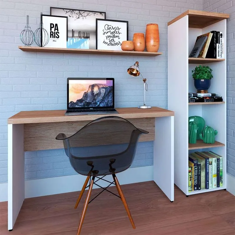 Conjunto De Mesa Com Estante E Prateleira De Escritório Corp Branco E Carvalho Mel