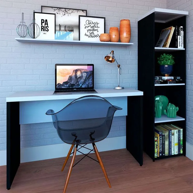 Conjunto de Mesa com Estante e Prateleira de Escritório Corp Preto e Cinza Cristal
