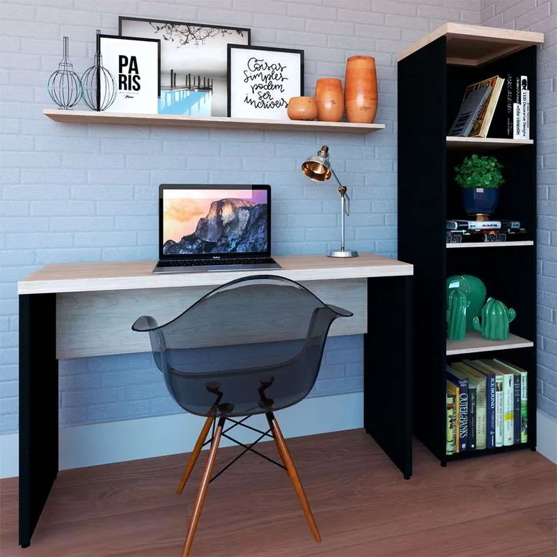 Conjunto De Mesa Com Estante E Prateleira De Escritório Corp Preto E Geneve