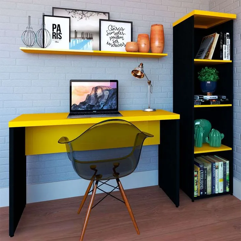 Conjunto De Mesa Com Estante E Prateleira De Escritório Corp Preto E Amarelo