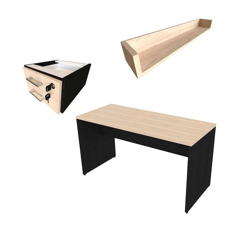 Conjunto de Mesa com Gaveteiro e Prateleira de Escritório Helen Preto e Geneve