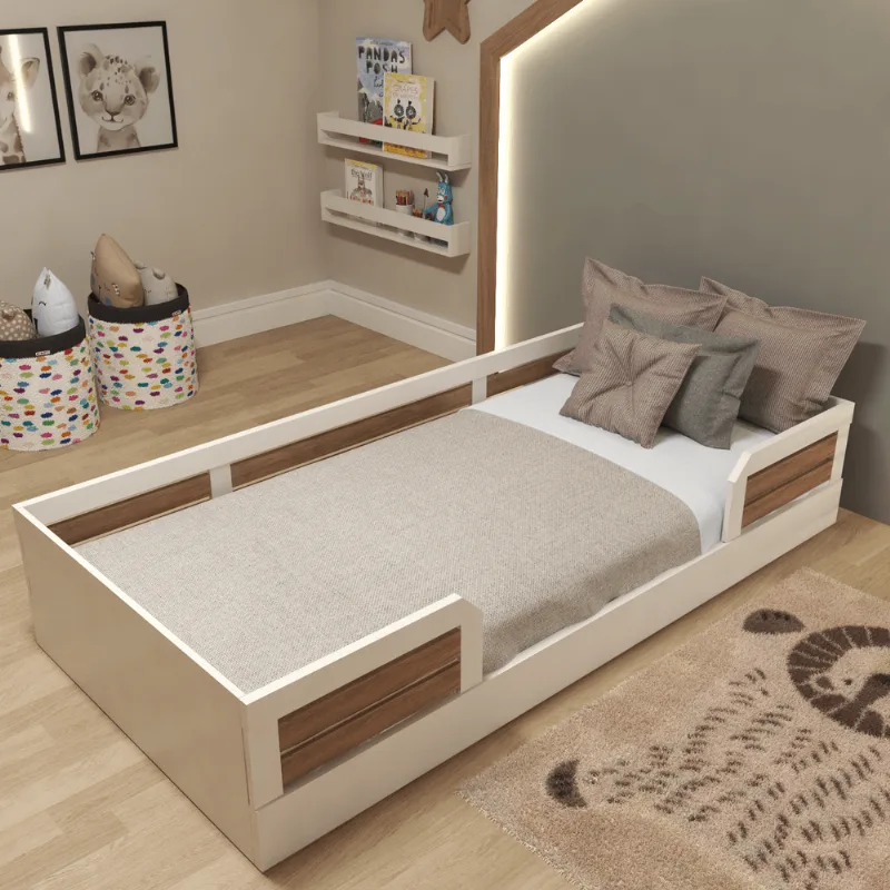Cama Infantil Montessoriana Solteiro Lua Branco/Carvalho Mel Branco/Carvalho Mel