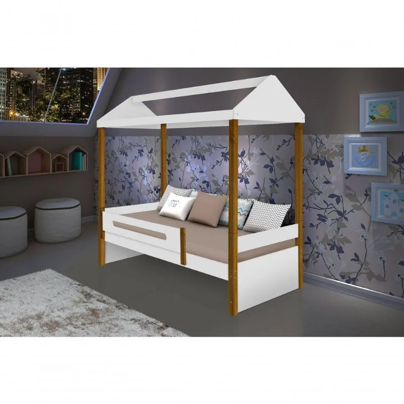 Cama Solteiro Casa Sara com Grade Estrutura MDF Branca Sara Enxovais
