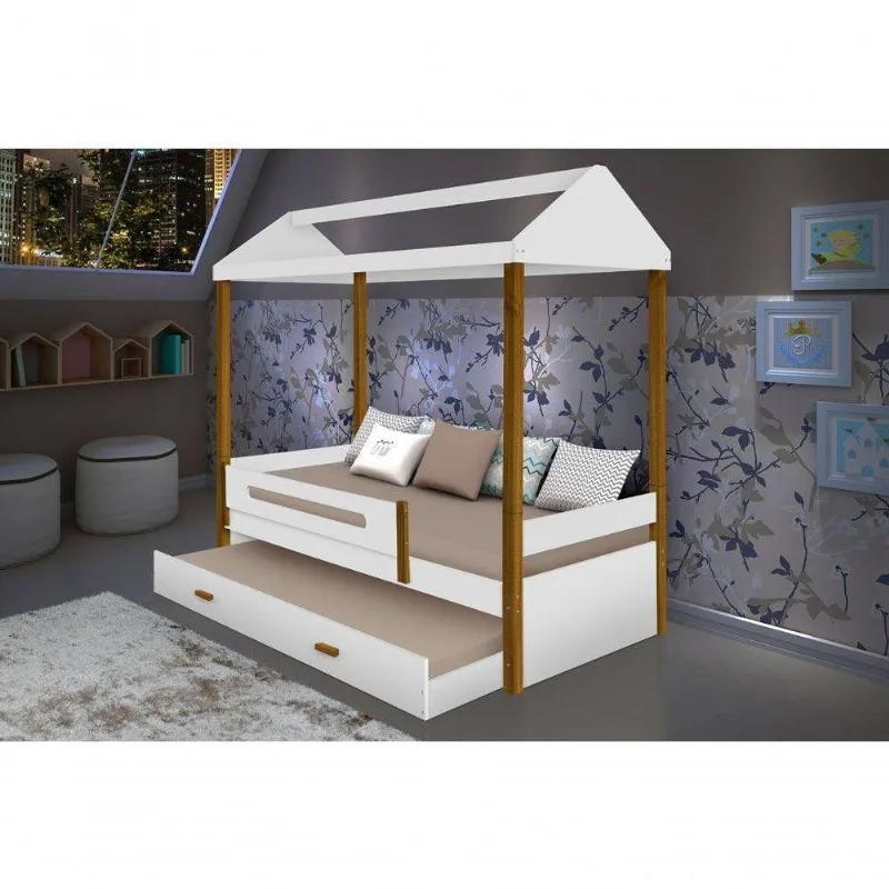Cama Solteiro Casa Sara com Cama Auxiliar em MDF Branco Sara Enxovais