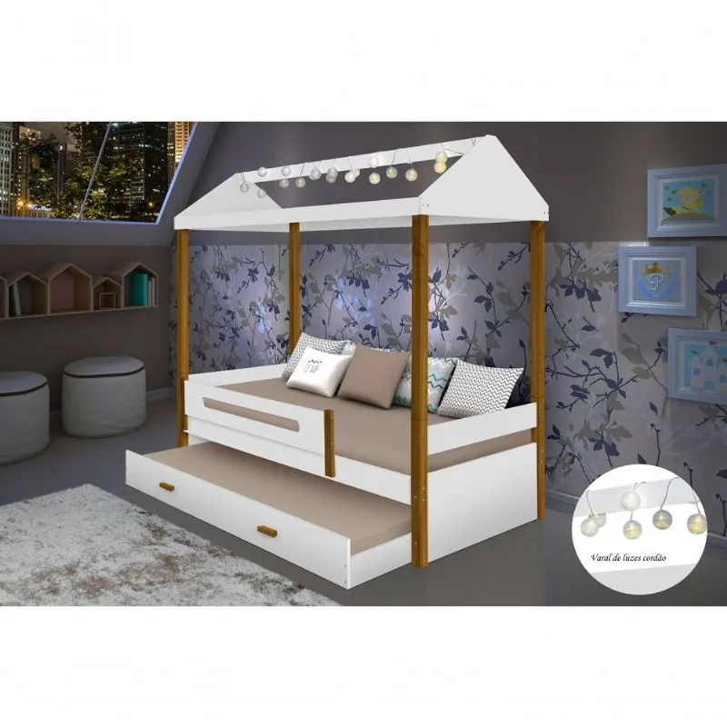 Cama com Cama Auxiliar Solteiro Sara com Luzes LED em MDF Branco Sara Enxovais