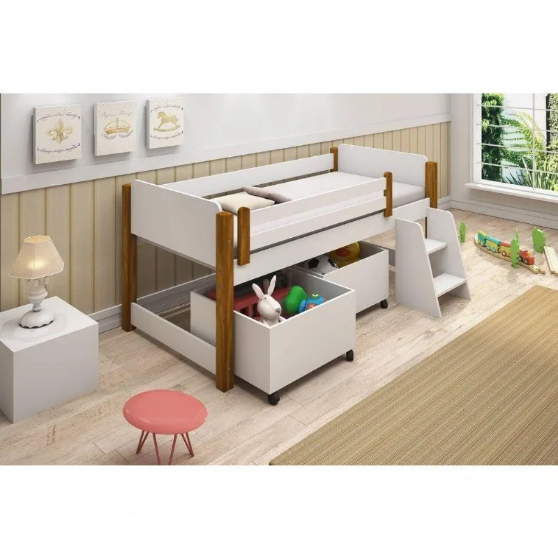 Cama Infantil Naty com 2 Baús Escadinha em MDF Branco-mel Kids