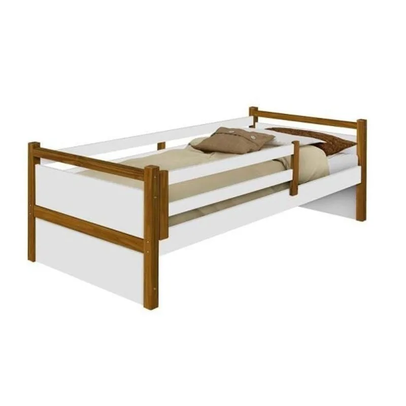 Cama Juvenil Bianca Solteiro com Grade Removível MDF Branco-mel Pés em Madeira