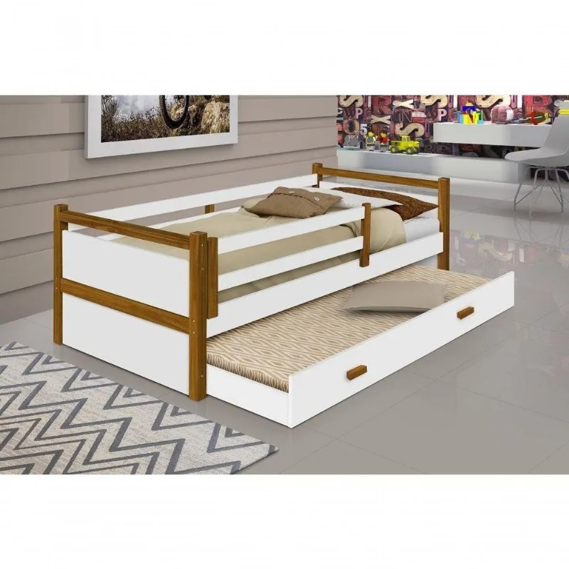 Cama Juvenil Solteiro Bianca com Cama Auxiliar em MDF Branco-mel com Pés em Madeira