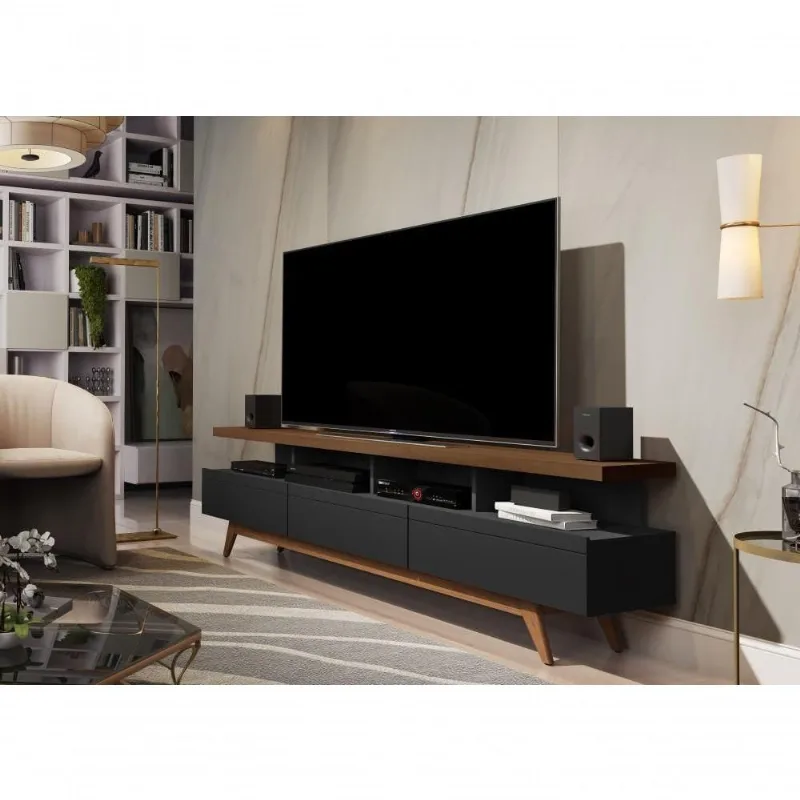 Rack com Nichos Vivare Wood 1.8 180CM MDP 3 Gavetas Black Freijó Giga