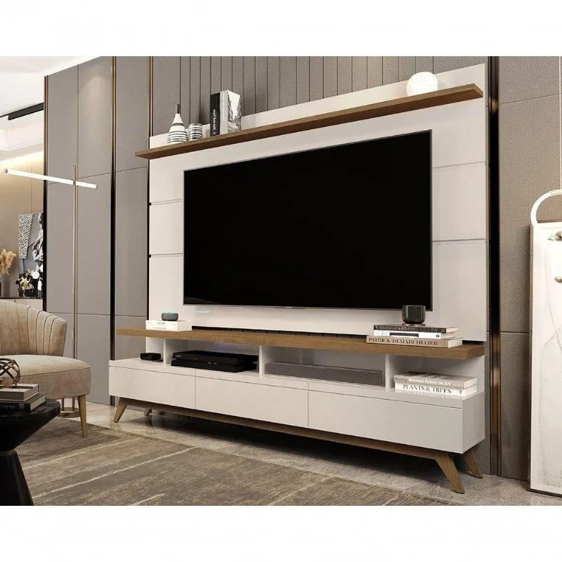 Conjunto Painel e Rack Vivare Wood 180CM MDP Off White e Freijó Giga