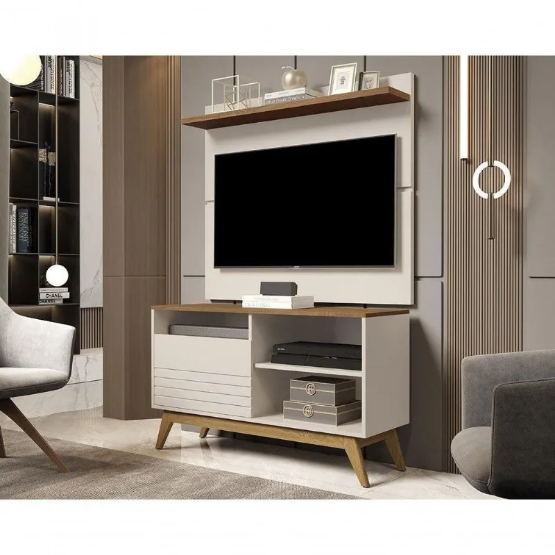 Painel com Rack Vivare 1,08 Fênix Wood 108CM MDF Off White e Freijó Giga