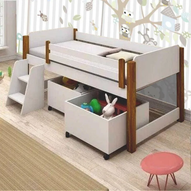 Cama Solteiro Naty com Escada e Baús MDF Branco Mel Naty Flora Cosméticos