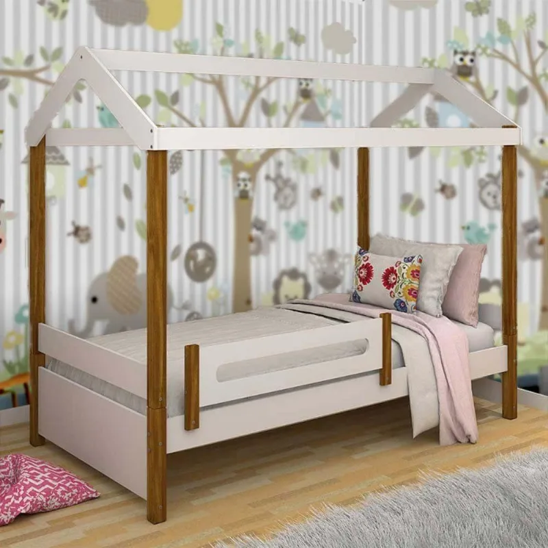 Cama Solteiro Eliz com Grade Estrutura MDF e Estrado Madeira Pinus Branco
