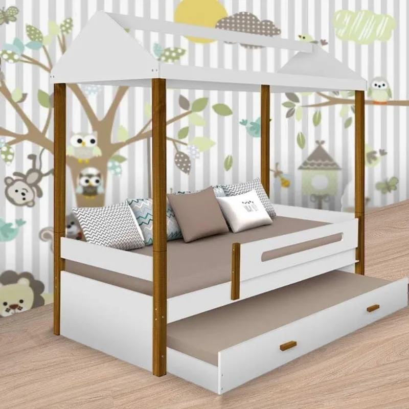 Cama Solteiro Casa Sara com Auxiliar em MDF Branco com Grade Sara Enxovais