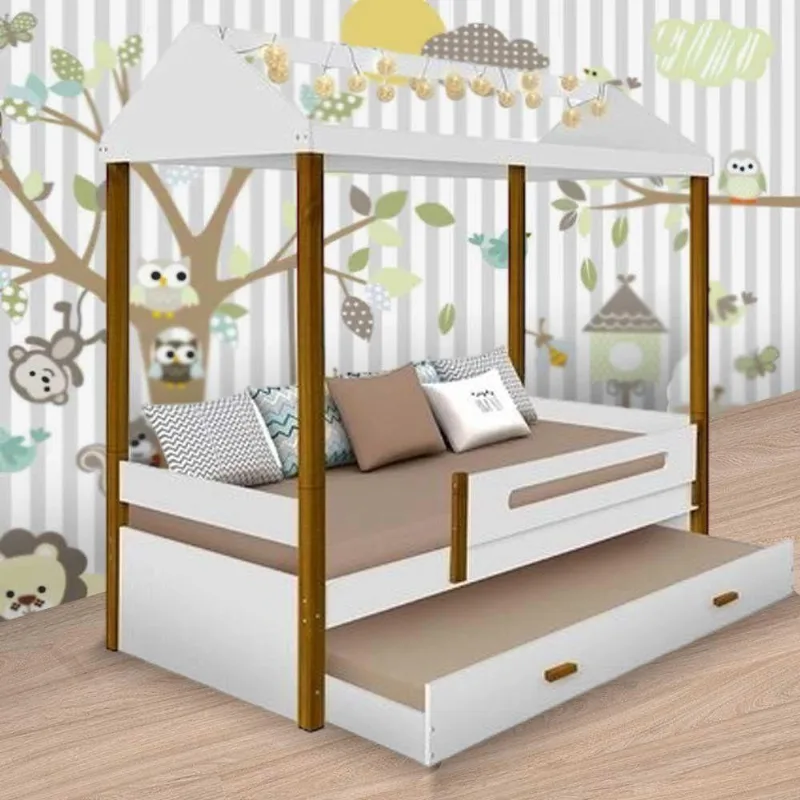 Cama Casa Solteiro Sara com Auxiliar e 2 Colchões com Led MDF Branco Sara Enxovais