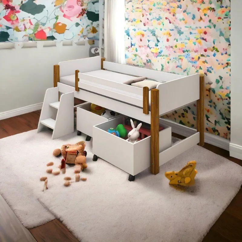 Cama Solteiro Paty com Escadinha e Nichos MDF Branco-mel Paty Buoso