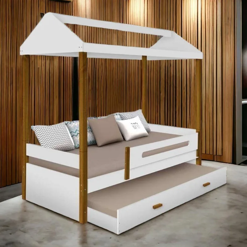 Cama Solteiro Lara com Auxiliar Formato Casa Estrutura MDF MDP Branco