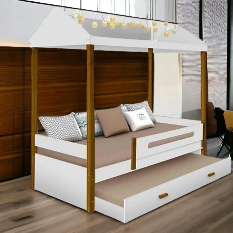 Cama Solteiro Lara com Cama Auxiliar e 2 Colchões com Led em Mdf Branco Lara Decorações