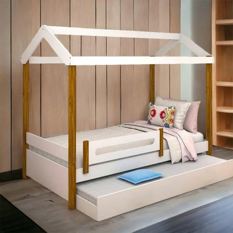Cama Casa Elisa Solteiro com Cama Auxiliar e 2 Colchões em MDF Branco