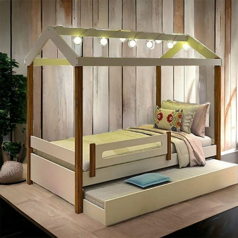 Cama Solteiro Casa Elisa com Led e Cama Auxiliar em Mdf Branco com Colchões