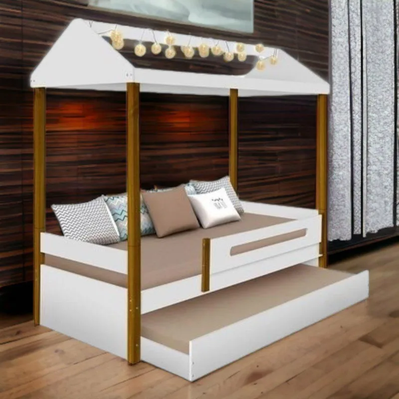 Cama Solteiro Lara Formato Casa com Auxiliar e Led em MDF MDP Branco