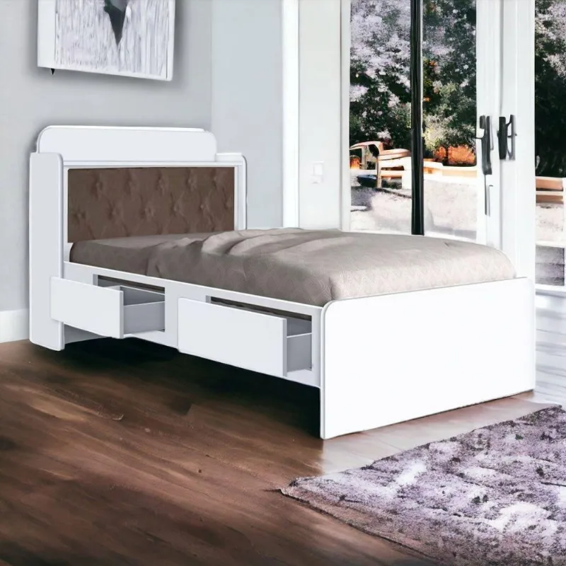 Cama Box com Baú Solteiro Tamires com Colchão Capitonê Nogal Base Branco 2 Gavetas
