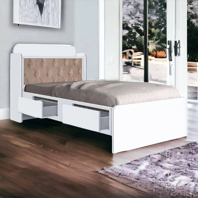 Cama Solteiro Tamires Baú com Gavetas Branco com Capitonê Bege