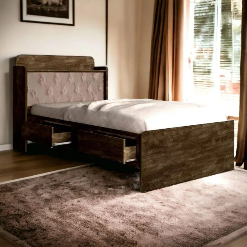 Cama Baú Solteiro Tamires para Colchão 88x188cm Castanho com Capitonê Bege