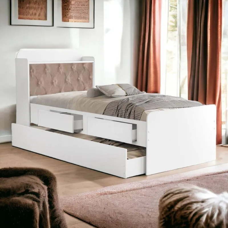 Cama Solteiro Tamires com Auxiliar Capitonê e 2 Colchões em Madeira Branco