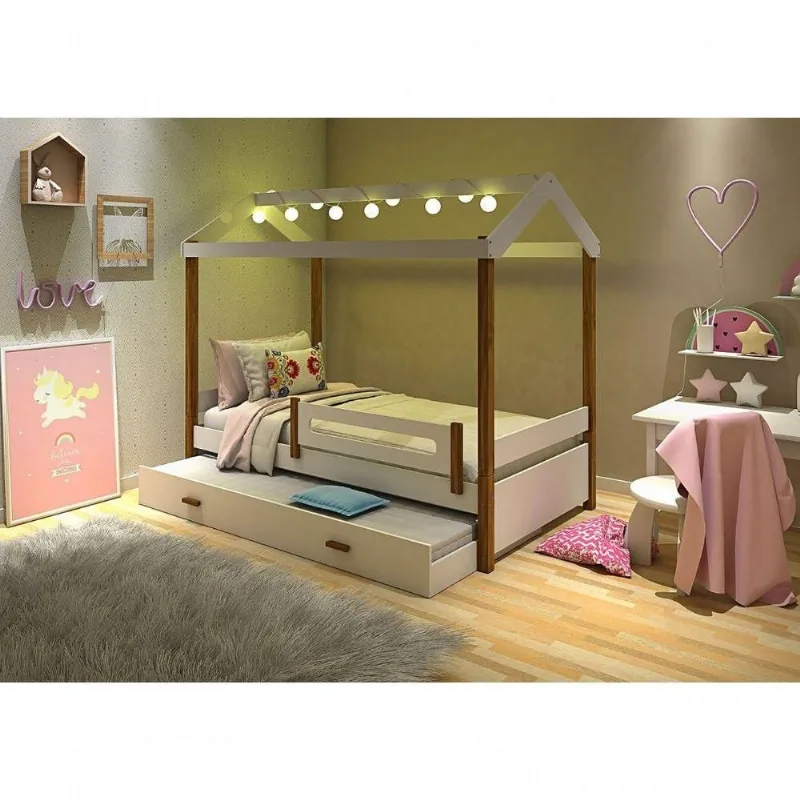 Cama Solteiro Eliz com Led e Cama Auxiliar Branco Divaloto Móveis
