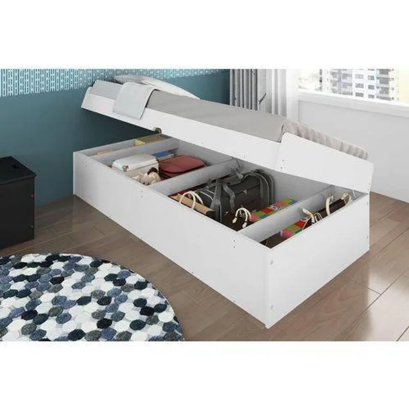Cama Baú Solteiro Camila 88cm Estrutura MDF MDP Acabamento Brilhante Branco Framar
