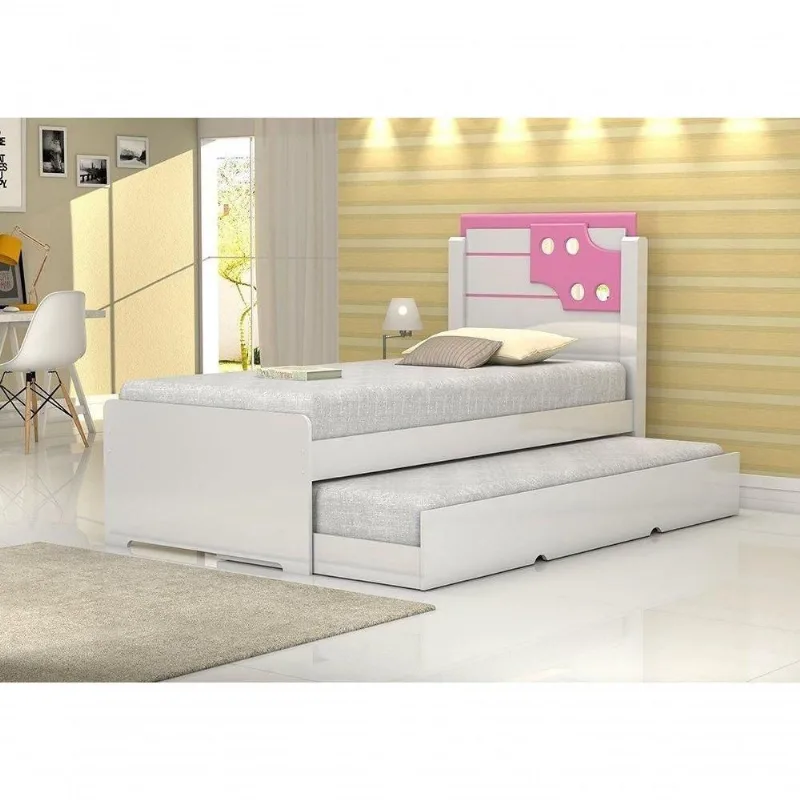 Cama De Solteiro Bibox Luiza Branco Com Rosa/ Com Auxiliar - Vitamov