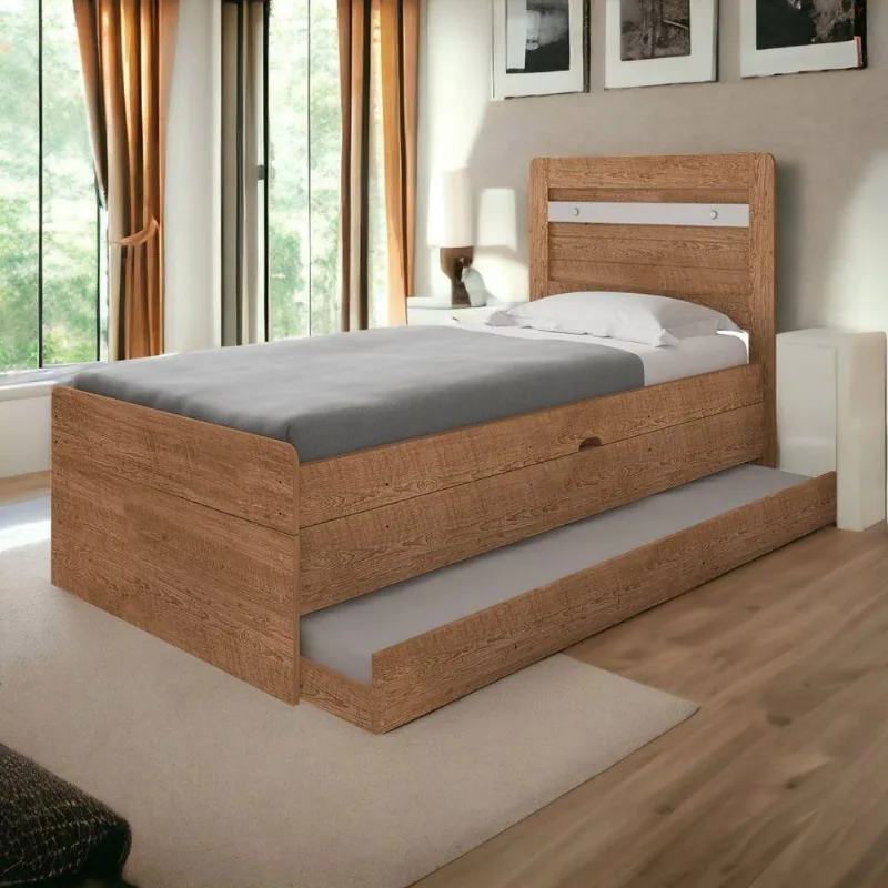 Cama Baú Solteiro Larissa com Auxiliar em MDF-MDP Naturale e Off White Marrom Naturale