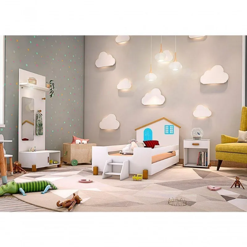 Cama Solteiro Casinha Belíssima com 2 Luminárias MDF Branco e Azul Divaloto Móveis