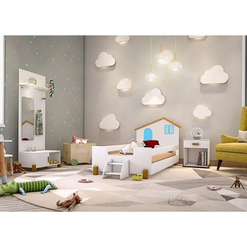Cama Infantil Belíssima com 2 Luminárias em MDF Branco e Azul Divaloto Móveis