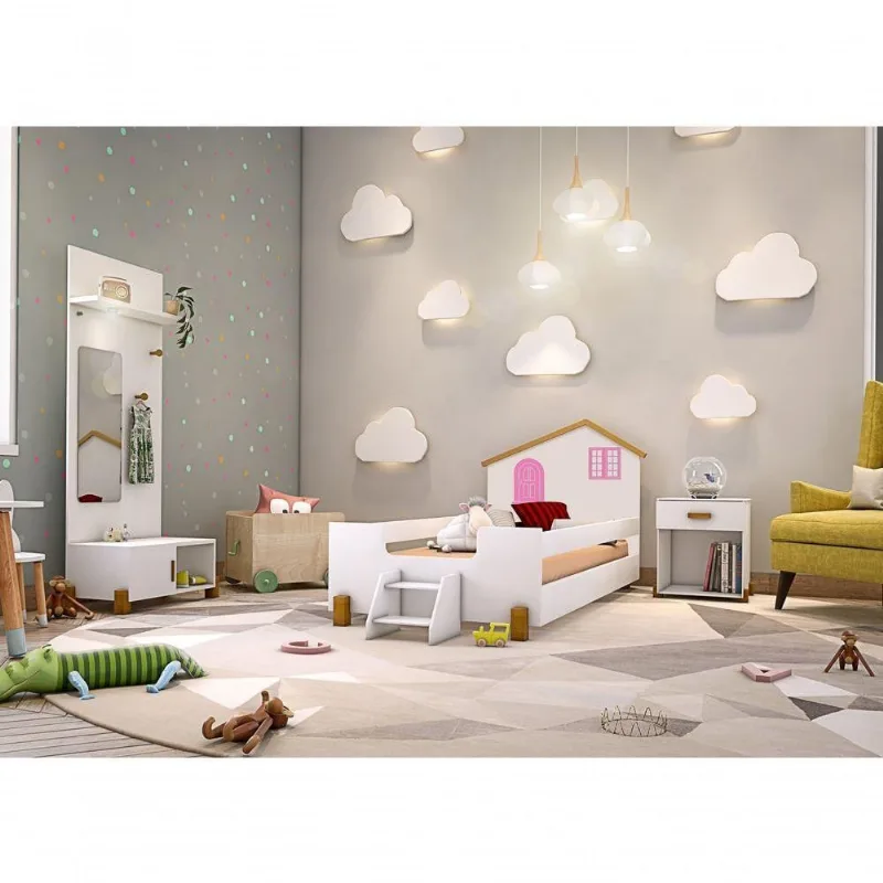 Cama Infantil Belíssima com 2 Luminárias Mdf Branco e Rosa Divaloto Móveis
