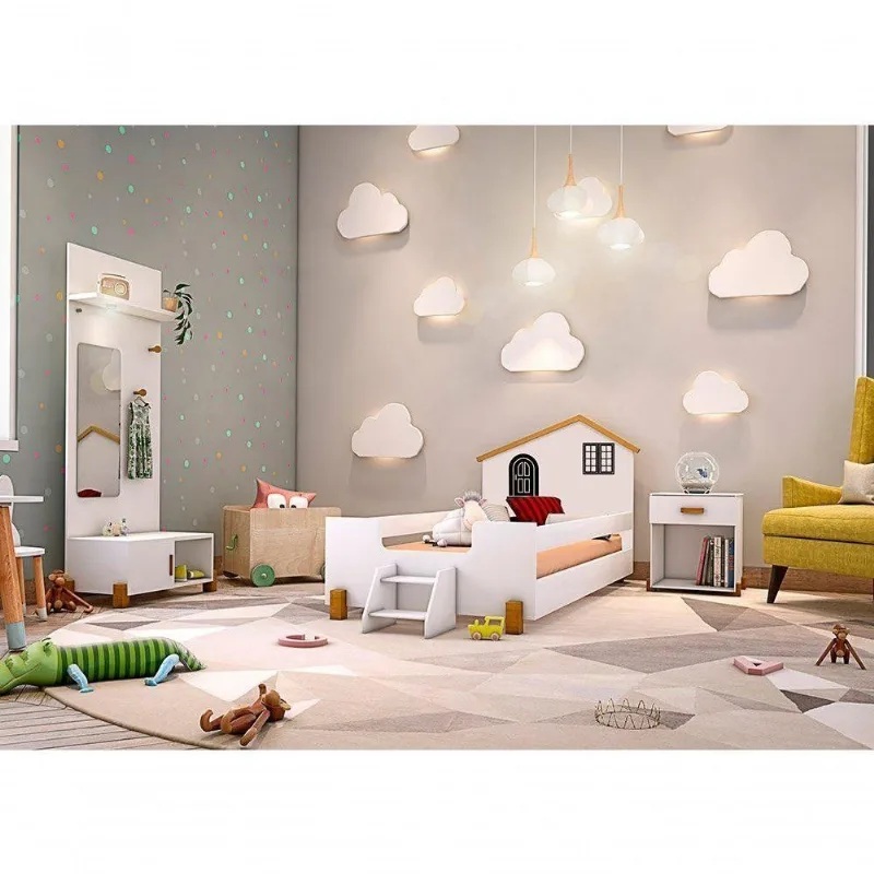 Cama Solteiro Casinha Belíssima em MDF Branco e Preto com Grade Divaloto Móveis