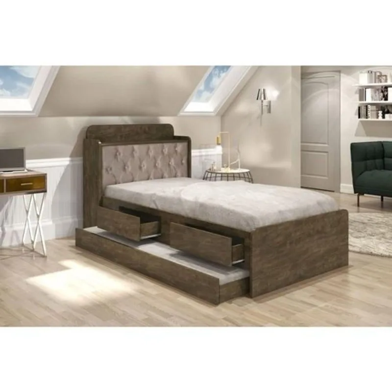 Cama com Auxiliar Solteiro 0,88cm Tamires Capitonê Madeira Bege Cambel Móveis