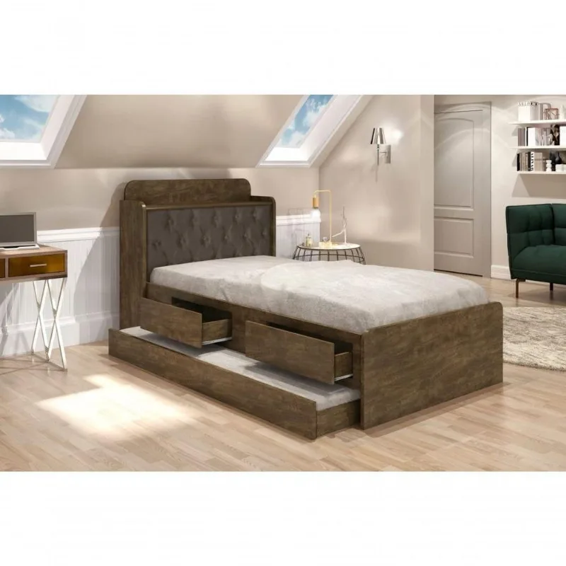 Cama com Auxiliar Solteiro 0,88cm Tamires com Baú Madeira Castanho Nogal Cambel Móveis