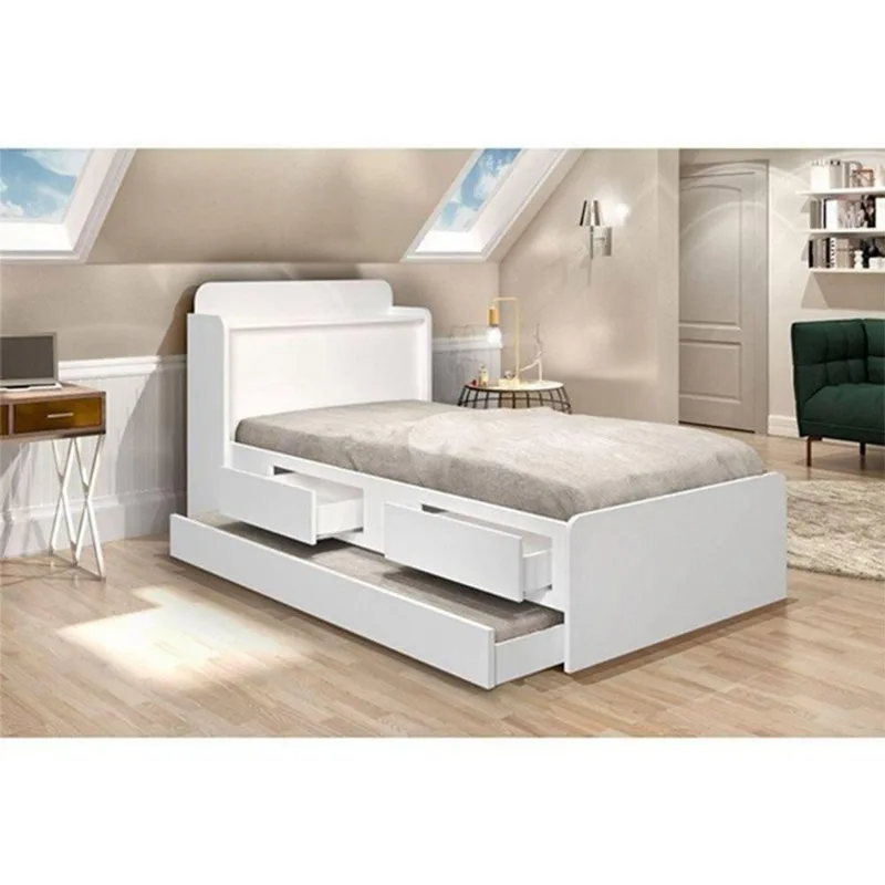 Cama com Auxiliar Solteiro 0,88cm Tamires com Capitonê Branco Nogal Cambel Móveis