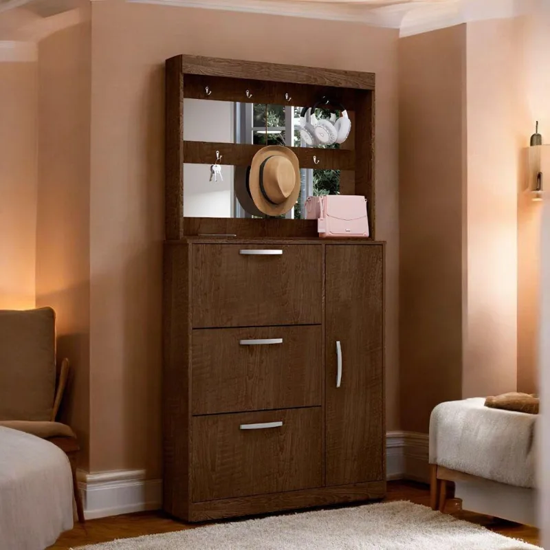 Sapateira com Espelheira Porta-objetos Conjunto Randi 3 Portas 100cm MDF Marrom Malbec