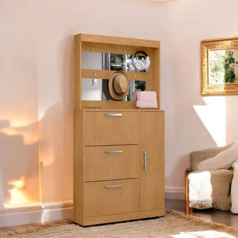 Sapateira com Espelheira Porta Objetos Conjunto Randi 3 Nichos 100cm Marrom Naturalle