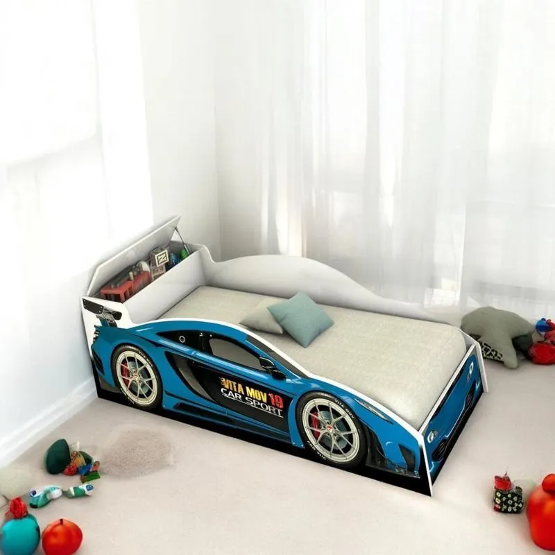 Cama Solteiro Speed Com Baú Azul Com Colchão