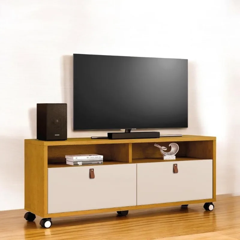 Rack Xangai para Tv 55 145cm em MDF-MDP com 2 Gavetas Naturalle e Off White Carmolar Móveis