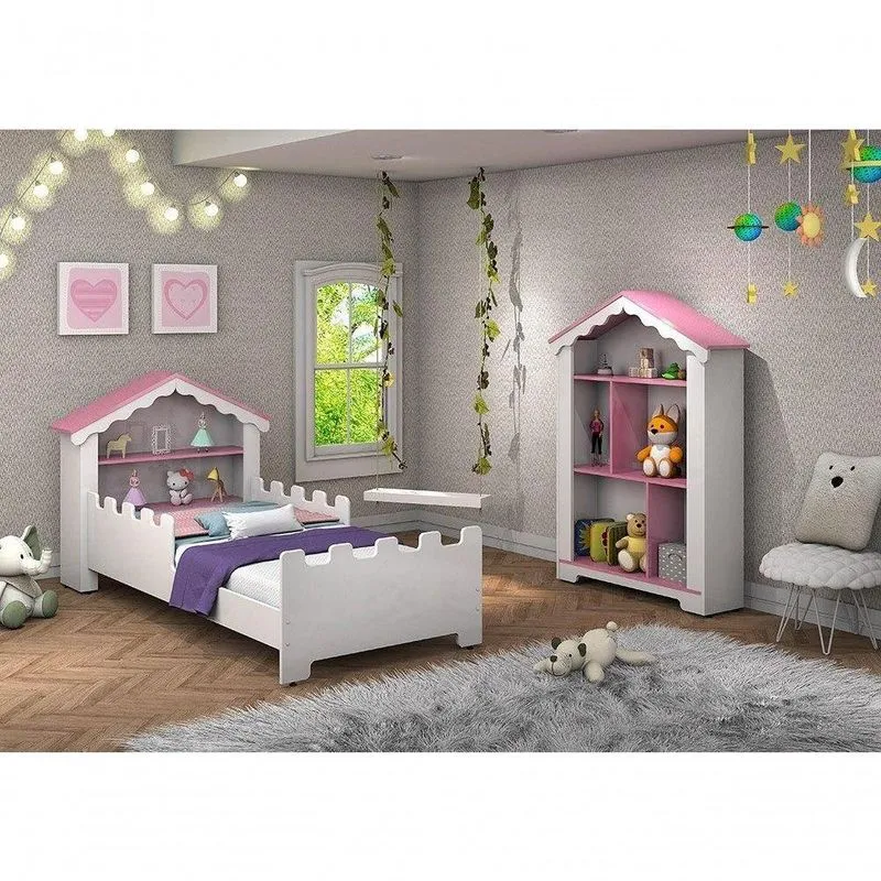 Conjunto De Quarto Princesa Com Cama, Estante E Colchão Branco-rosa - Vitamov