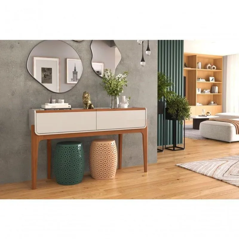 Aparador Lion Suporte Para Decoração C/ 2 Gavetas Porta Itens Off White/ Freijó